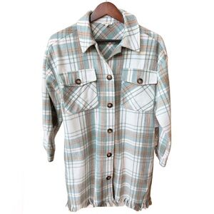 JODIFL Sage, Rust and Cream Button Down Plaid Shacket w Side Pockets & Fringe